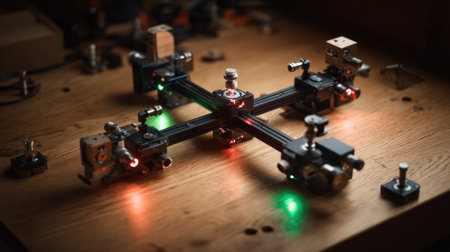 A captivating display of a robotic assembly on a wooden surface, featuring illuminated components and intricate wiring, perfect for technology enthusiasts.の素材