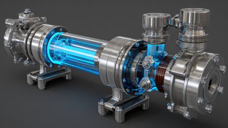 A high-tech industrial pump showcasing a sleek transparent design with neon blue lights. Ideal for applications in modern machinery and engineering projects.の素材