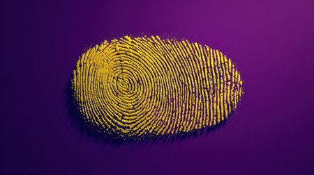This striking image showcases a vibrant yellow fingerprint set against a purple background, symbolizing individuality and the essence of personal identity in a creative context.の素材