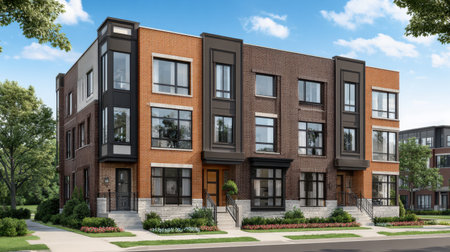 This image showcases a stylish modern townhouse complex with a bright facade surrounded by lush greenery, ideal for urban living in a serene neighborhood.の素材