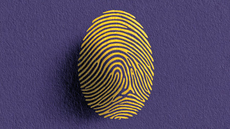 A striking yellow fingerprint on a deep purple background, representing uniqueness and identity. The design highlights intricate lines and artistic flair.の素材