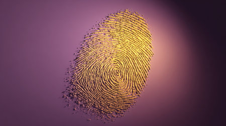 This abstract image features a fingerprint constructed from small yellow particles against a vibrant purple background, symbolizing individuality and identity.の素材