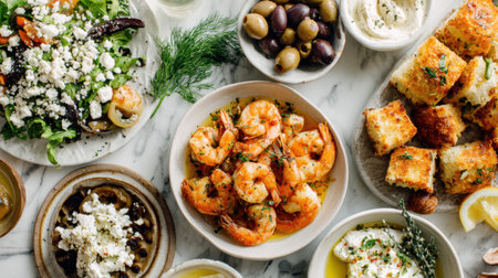 Delight in a vibrant seafood platter featuring grilled shrimp, olives, and a fresh salad, beautifully presented on a marble tabletop ideal for gatherings.の素材