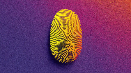 This vibrant fingerprint design showcases a unique golden texture against a striking purple and orange gradient background, perfect for creative projects.の素材