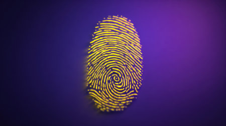 This abstract illustration showcases a colorful fingerprint on a vibrant purple background, symbolizing identity and uniqueness in a modern artistic style.の素材