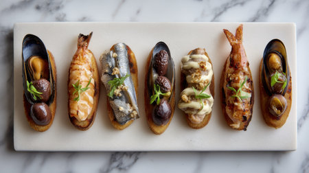 This exquisite seafood tapas plate showcases a variety of flavors, including shrimp, mussels, and sardines, beautifully arranged on a marble background.の素材