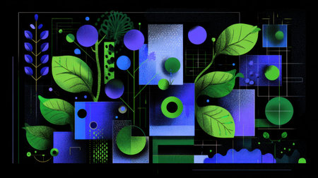 This captivating abstract artwork features vibrant green leaves intertwined with geometric blue shapes on a dark background, showcasing modern design.の素材