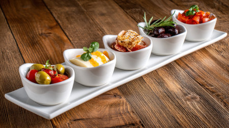 An elegant presentation of gourmet dips and appetizers showcased in heart-shaped bowls on a rustic wooden table, perfect for entertaining.の素材