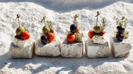 A stunning display of Mediterranean appetizers featuring feta cheese, olives, and cherry tomatoes garnished with fresh herbs on a stone table setting.の素材