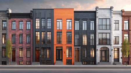 A stunning view of modern urban row houses showcasing unique facades in various colors, perfectly lit by a warm sunset, illustrating contemporary city living.の素材