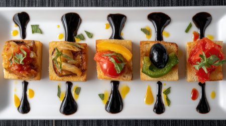 This elegant plate features colorful vegetarian appetizers on toasted crostini, topped with grilled vegetables and garnished with fresh herbs. Ideal for gourmet presentations.の素材