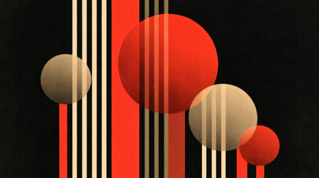 This abstract retro design features bold striped lines and geometric shapes in red and beige against a striking black background. Ideal for modern art projects.の素材