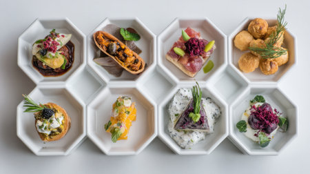 A stunning display of assorted gourmet dishes served on elegant white octagonal plates, showcasing vibrant colors and fresh ingredients. Perfect for fine dining.の素材