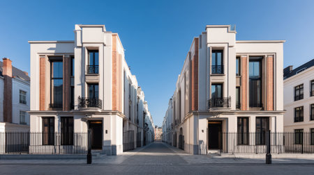 This image showcases two elegant residential buildings featuring modern architecture. The sleek lines and thoughtful design create a harmonious urban atmosphere under a clear blue sky.の素材