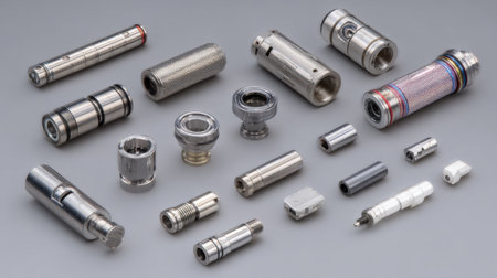 A collection of various industrial metal components and mechanical parts displayed against a gray background, showcasing precision and design for engineering applications.の素材