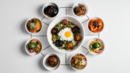 A vibrant arrangement features a central dish with an egg and surrounding gourmet bowls filled with diverse, mouthwatering foods, showcasing culinary artistry.の素材