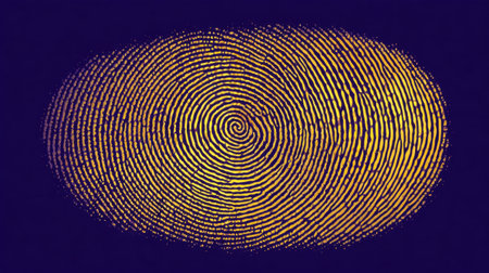 This artistic close-up showcases a detailed fingerprint featuring intricate spiraling patterns against a dark backdrop, symbolizing uniqueness and identity.の素材