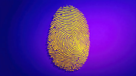 This striking image features a vibrant yellow fingerprint against a deep purple background, symbolizing identity, security, and personal data protection.の素材