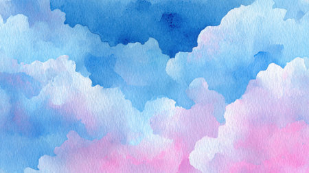 This stunning watercolor painting features soft clouds in delicate shades of blue and pink, creating a calm and serene atmosphere. Perfect for backgrounds.の素材
