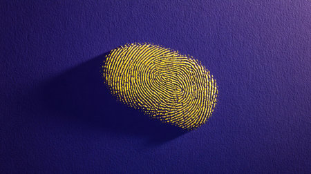 This vibrant image showcases an abstract yellow fingerprint on a purple background, symbolizing individuality and creativity. The design emphasizes uniqueness and modern aesthetic in a striking visual composition.の素材