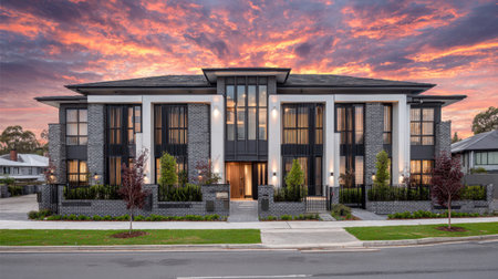 Stunning modern residential building showcases elegant architecture against a vibrant sunset, surrounded by lush green landscaping, exuding luxury.の素材