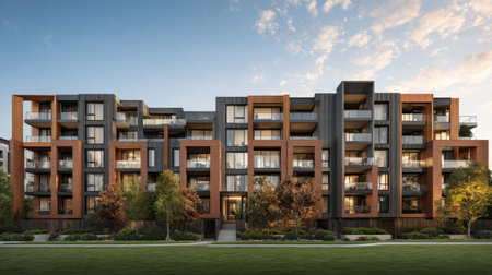 A modern apartment building showcasing a unique architectural design with large balconies and warm wooden accents against a vibrant sunset sky.の素材