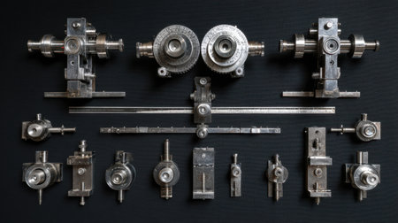 This image showcases a collection of precision machine components arranged in a flat lay format. The intricate mechanical parts are set against a dark background, emphasizing their detailed craftsmanship and industrial design.の素材