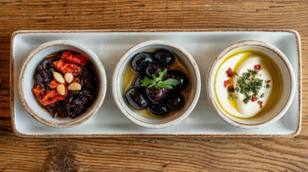 A beautifully arranged platter showcasing three distinct Mediterranean dipping sauces featuring olives, yogurt, and spices on a rustic wooden table.の素材