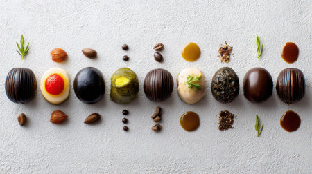 A stunning display of gourmet chocolate spheres, showcasing a variety of unique fillings and sauces, arranged artistically on a textured surface to entice dessert lovers.の素材