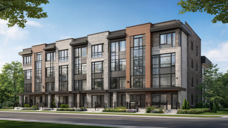 This image showcases modern urban townhomes featuring large windows, elegant architecture, and lush green landscaping, perfect for contemporary living.の素材