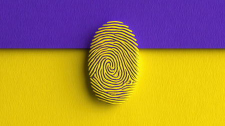 This digital artwork illustrates a unique fingerprint against a vibrant yellow and purple background, symbolizing individuality and personal identity in a creative manner.の素材
