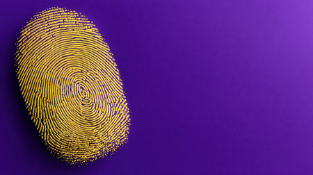 This striking image features a unique yellow fingerprint set against a vibrant purple background, showcasing creativity and identity in a modern context.の素材