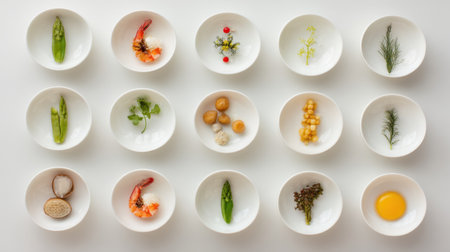 This captivating image features a meticulous arrangement of fresh ingredients in individual white bowls, showcasing the beauty of culinary creativity.の素材