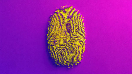 A striking abstract artwork featuring a vibrant yellow fingerprint set against a bold purple background. This piece symbolizes individuality, identity, and creativity.の素材