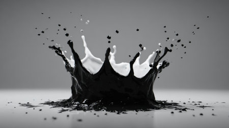Captivating image of a black and white liquid splash forming a crown shape against a minimalist background, showcasing creativity and dynamic motion.の素材