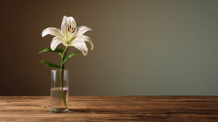 A stunning white lily stands elegantly in a clear glass vase filled with water, set on a rustic wooden table. The soft neutral background enhances the beauty and simplicity of this floral arrangement, evoking a sense of tranquility and elegance. Perfect for home decor or nature-themed projects.の素材