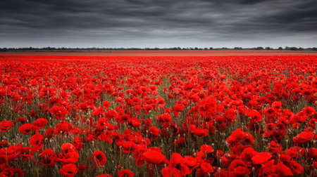 A breathtaking field filled with vibrant red poppies stretches under a dramatic sky filled with dark clouds, creating a striking natural landscape.の素材