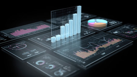 This image features advanced data visualization displayed on multiple digital screens, showcasing graphical representations of statistics and trends for business analysis.の素材
