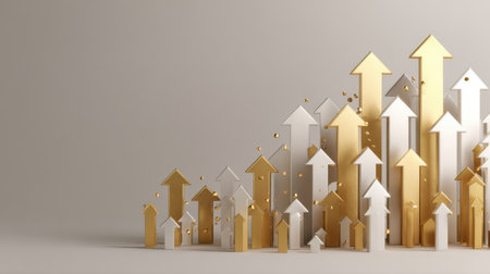 This modern 3D image features an array of upward-pointing arrows in gold and white, symbolizing growth and financial success. The design conveys a sense of progress, making it ideal for business-related themes.の素材