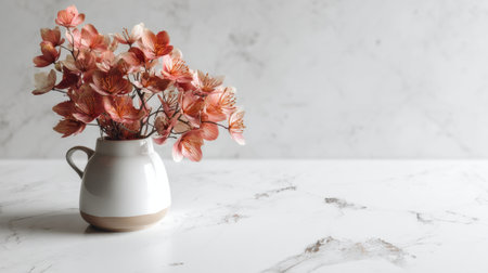 A charming floral arrangement featuring delicate pink flowers in a sleek vase, set against a light marble surface, creating a serene and elegant atmosphere.の素材