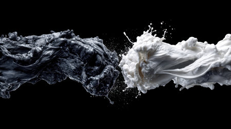 This stunning image features a powerful interplay of black and white liquid splashes, creating a visually striking contrast on a dark background, showcasing fluid dynamics.の素材