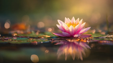 A captivating image of a pink water lily gracefully blooming in a serene pond, showcasing its delicate petals and perfect reflection amidst a soft bokeh background.の素材