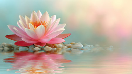 A stunning pink water lily floats gracefully on calm waters, surrounded by smooth stones, reflecting the soft pastel hues of nature. This image evokes peace and tranquility, perfect for wellness and nature themes.の素材