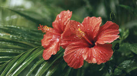 Two vibrant red hibiscus flowers, adorned with glistening dew drops, are nestled among lush green foliage in a tropical rainforest setting, showcasing nature's beauty.の素材
