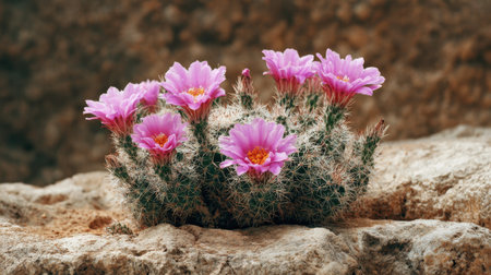 A stunning view of a cactus adorned with vibrant pink flowers, set against a rocky background, capturing the essence of natural beauty in a tranquil environment.の素材