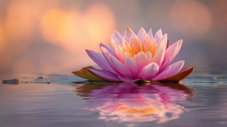 A stunning pink water lily elegantly floats on the calm water surface, creating a tranquil scene enhanced by soft reflections in warm light.の素材