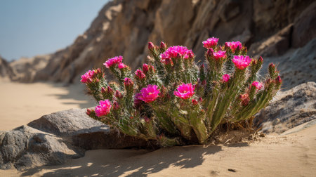 This stunning image captures vibrant pink cactus blooms thriving in a sandy desert environment. The natural beauty of the arid landscape is enhanced by rocky formations, showcasing the resilience of flora in harsh conditions.の素材