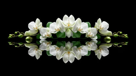 A stunning arrangement of elegant white orchid flowers reflecting beautifully against a deep black background, embodying tranquility and natural beauty.の素材