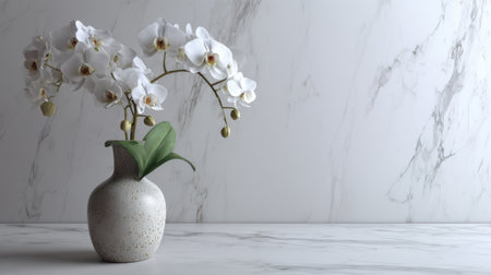 A stunning arrangement of white orchids in a minimalist ceramic vase set against a sleek marble background. This image epitomizes elegance, making it ideal for home decor inspiration.の素材