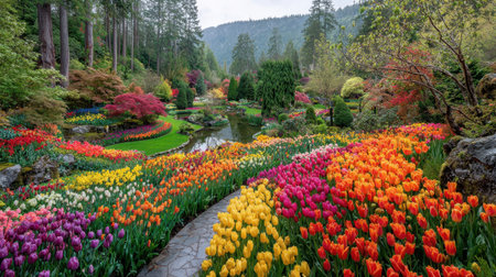 A stunning view of a vibrant tulip garden featuring a picturesque pathway surrounded by colorful blooms and serene greenery, ideal for nature lovers.の素材